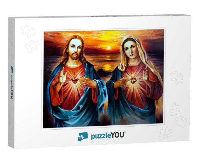 Jesus Christ & Mary with Heart. Oil Painting... Jigsaw Puzzle