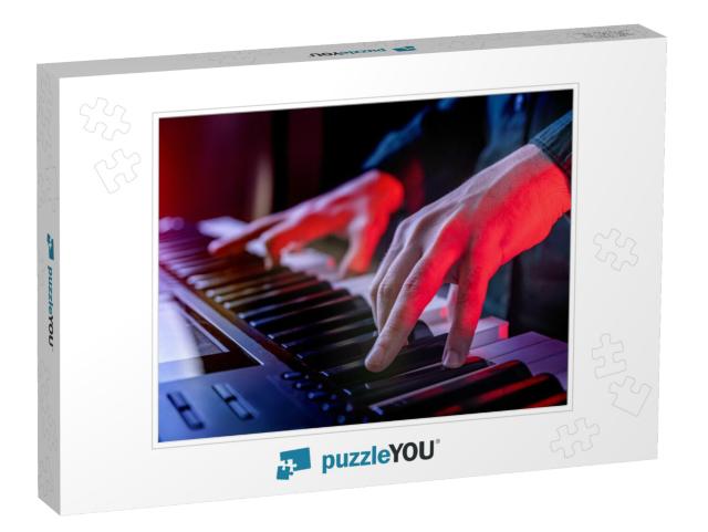 Male Hands Playing Electric Synthesizer Digital Piano, Fi... Jigsaw Puzzle