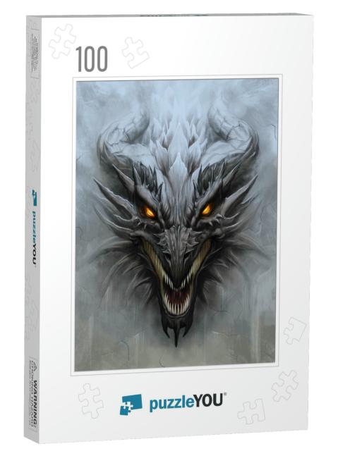 Dragon Head on the Gray Stone Background. Digital Paintin... Jigsaw Puzzle with 100 pieces