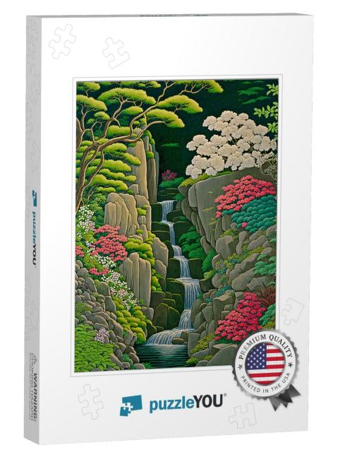 Veil Waterfall in Japanese Woods Jigsaw Puzzle