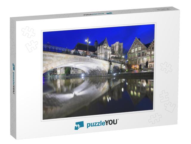 Ghent, Belgium Old Town Cityscape At Night on the Leie Ri... Jigsaw Puzzle