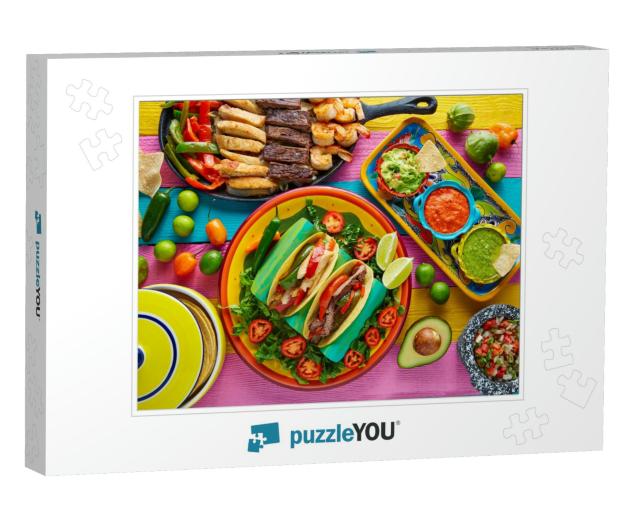 Mexican Chicken & Beef Fajitas Tacos in Colorful Table wi... Jigsaw Puzzle