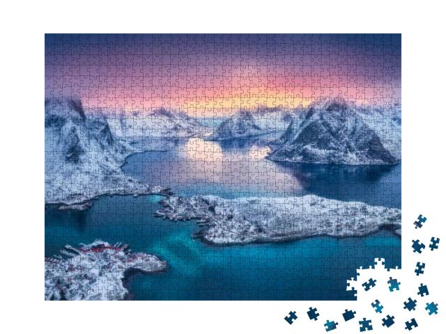 Aerial View of Reine At Sunset in Winter. Top View of Lof... Jigsaw Puzzle with 1000 pieces