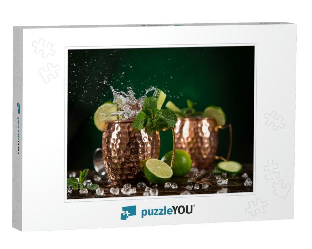Famous Moscow Mule Alcoholic Cocktail in Copper Mugs, Clo... Jigsaw Puzzle
