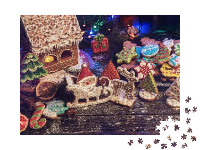 Gingerbreads for New Years & Christmas on Wooden Backgrou... Jigsaw Puzzle with 1000 pieces