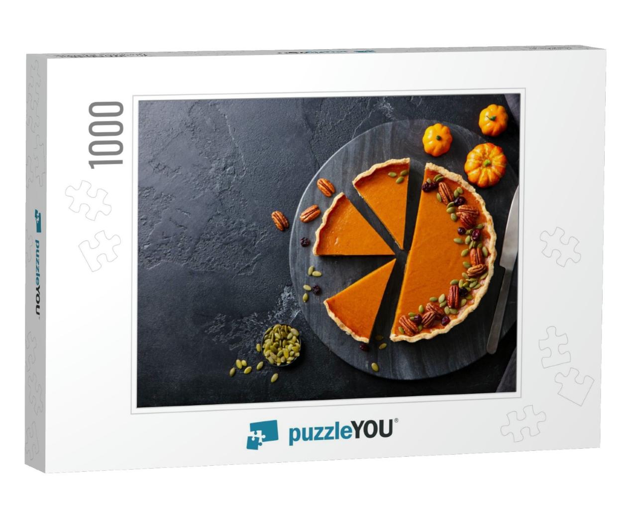 Pumpkin Pie on Marble Cutting Board. Dark Background. Cop... Jigsaw Puzzle with 1000 pieces