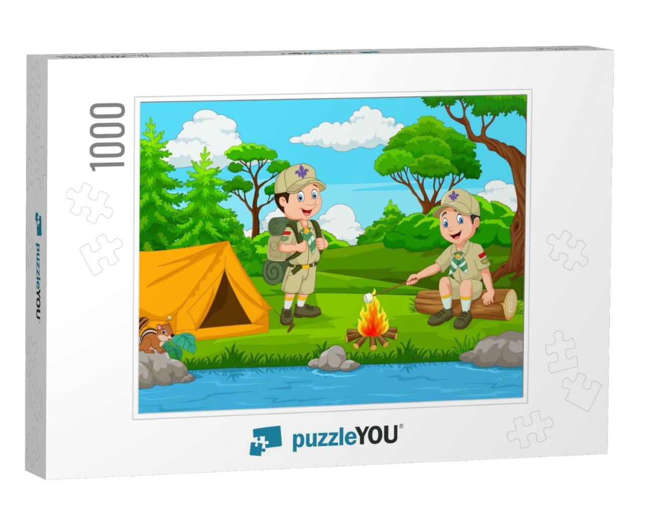 Cartoon Scout with Tent & Camp Fire... Jigsaw Puzzle with 1000 pieces
