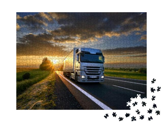 Truck Driving on the Asphalt Road in Rural Landscape At S... Jigsaw Puzzle with 1000 pieces