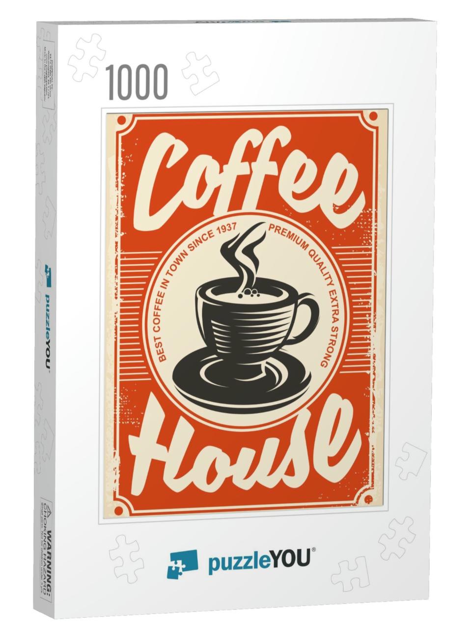 Coffee House Retro Poster Design with Cup of Coffee on Re... Jigsaw Puzzle with 1000 pieces