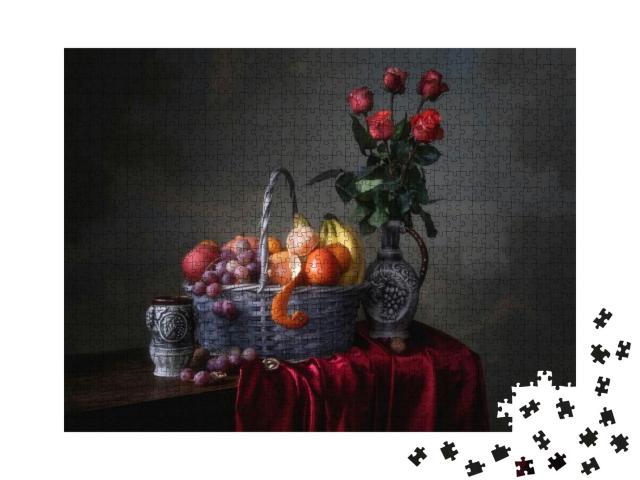 Still Life with Basket of Fruits & Roses... Jigsaw Puzzle with 1000 pieces