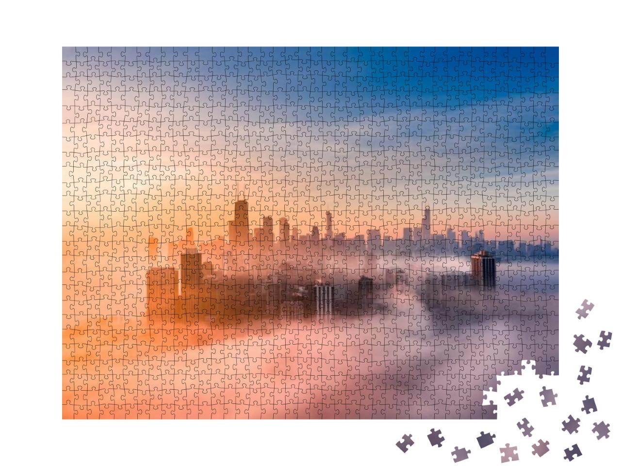 Foggy Sunrise with Chicago Skyline from a Drone... Jigsaw Puzzle with 1000 pieces