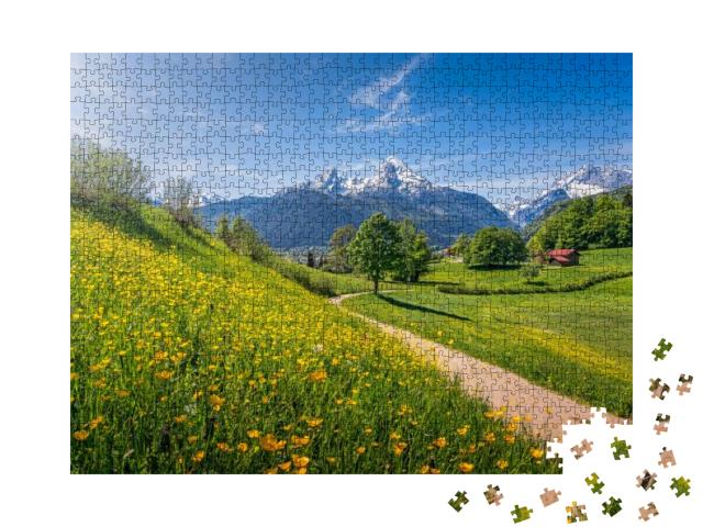 Idyllic Landscape in the Alps with Fresh Green Meadows, B... Jigsaw Puzzle with 1000 pieces