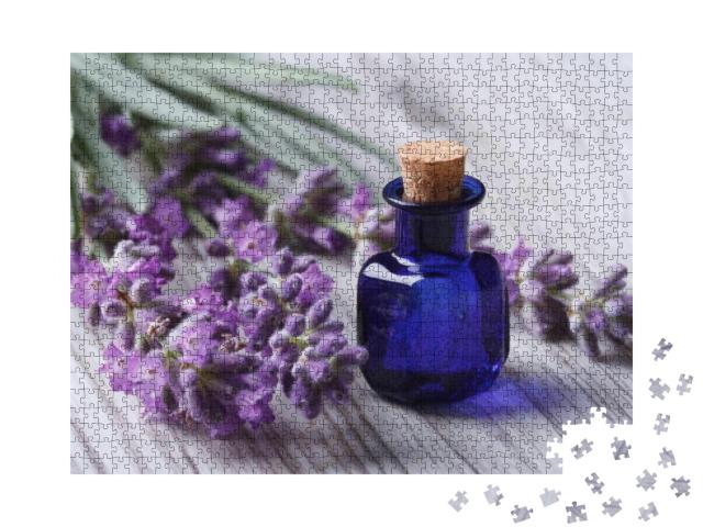 Lavender Oil in a Glass Bottle on a Background of Fresh F... Jigsaw Puzzle with 1000 pieces