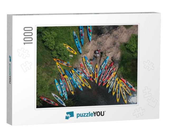 Camp & Pier of Tourist Kayaks - Top View Shot Over the Ri... Jigsaw Puzzle with 1000 pieces