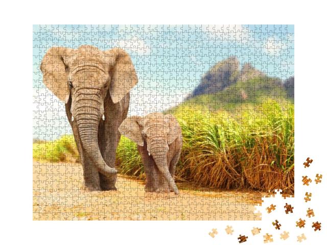 African Bush Elephants - Loxodonta Africana Family Walkin... Jigsaw Puzzle with 1000 pieces