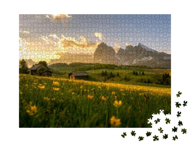Dramatic Misty Fog with Rolling Flower & Green Grass Hill... Jigsaw Puzzle with 1000 pieces
