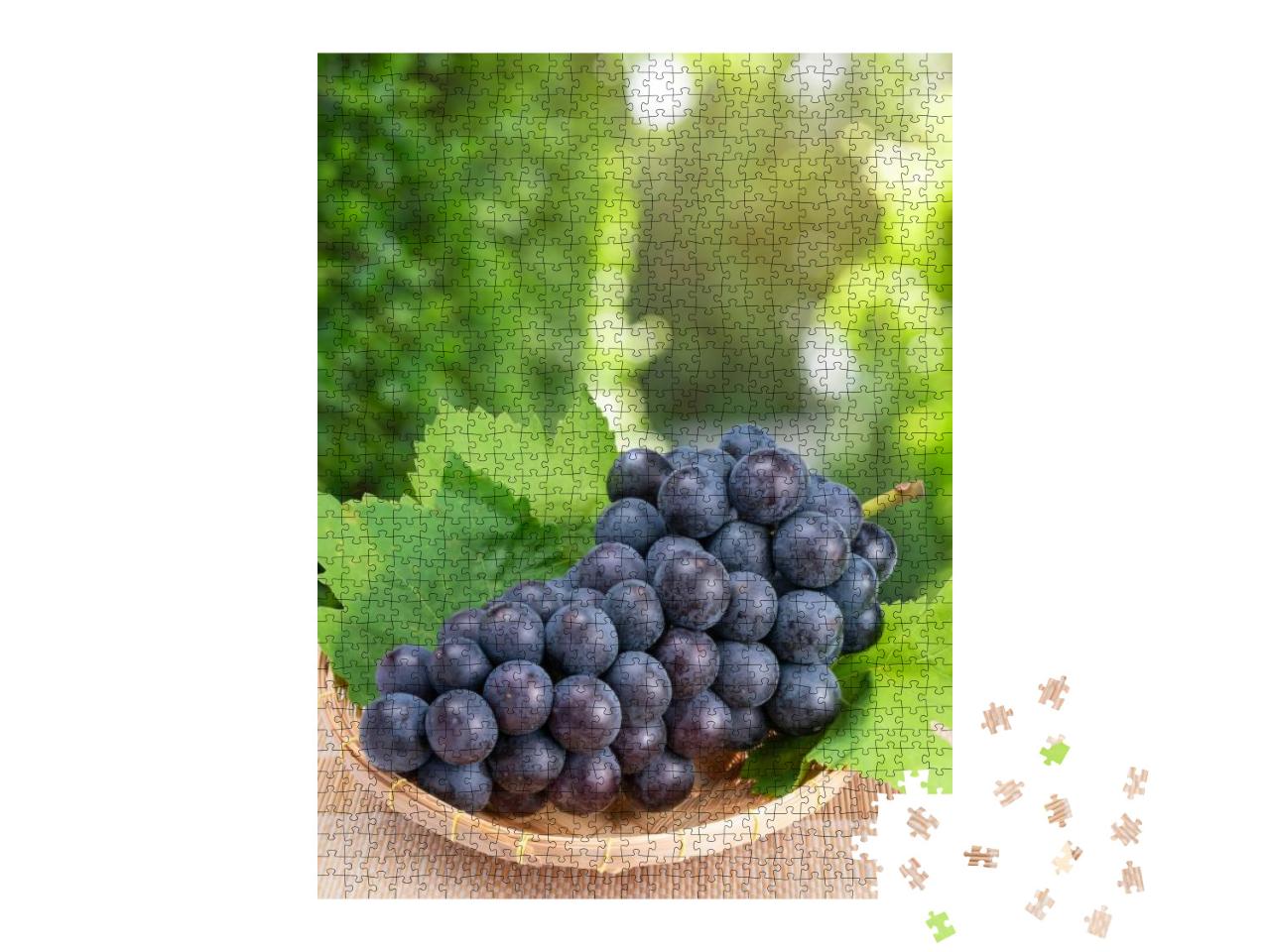 Black Wine Grape with Leaves in Bamboo Basket on Wooden T... Jigsaw Puzzle with 1000 pieces