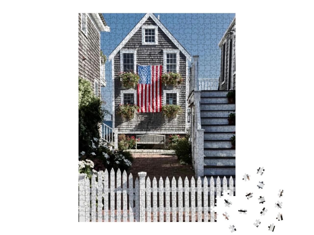 United States Flag At Suburban Neighborhood. Provincetown... Jigsaw Puzzle with 1000 pieces