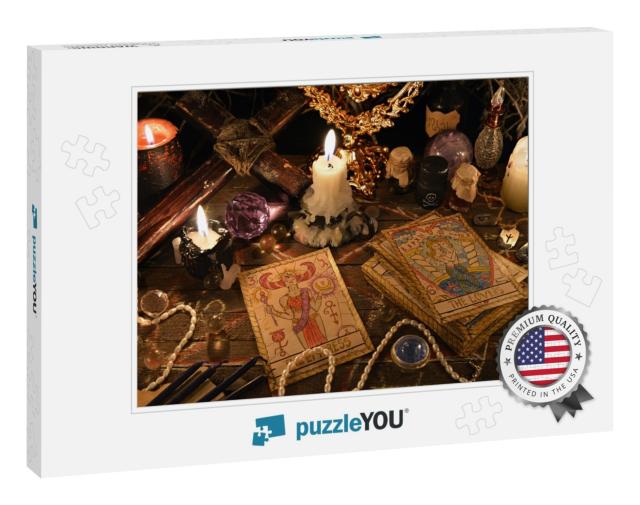 Mystic Ritual with Tarot Cards, Vintage Objects, C... Jigsaw Puzzle