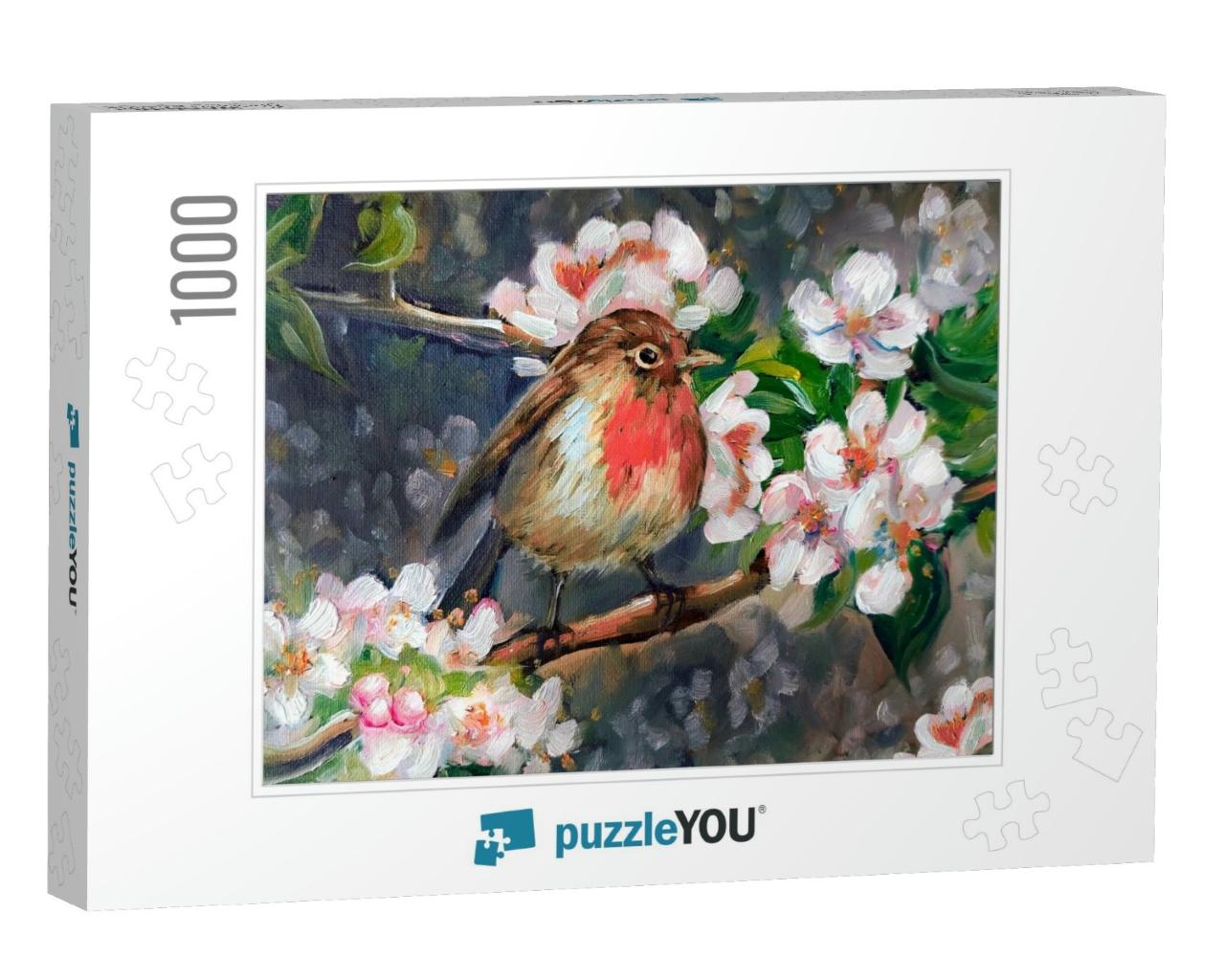 Cute Spring British Red Robin Bird. Hand Drawn Oil Painti... Jigsaw Puzzle with 1000 pieces