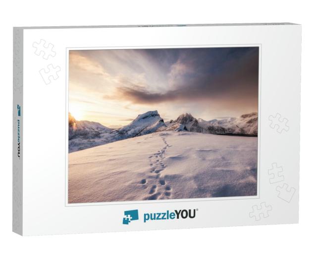 Landscape of Snow Mountains Range with Footprint on Snowy... Jigsaw Puzzle