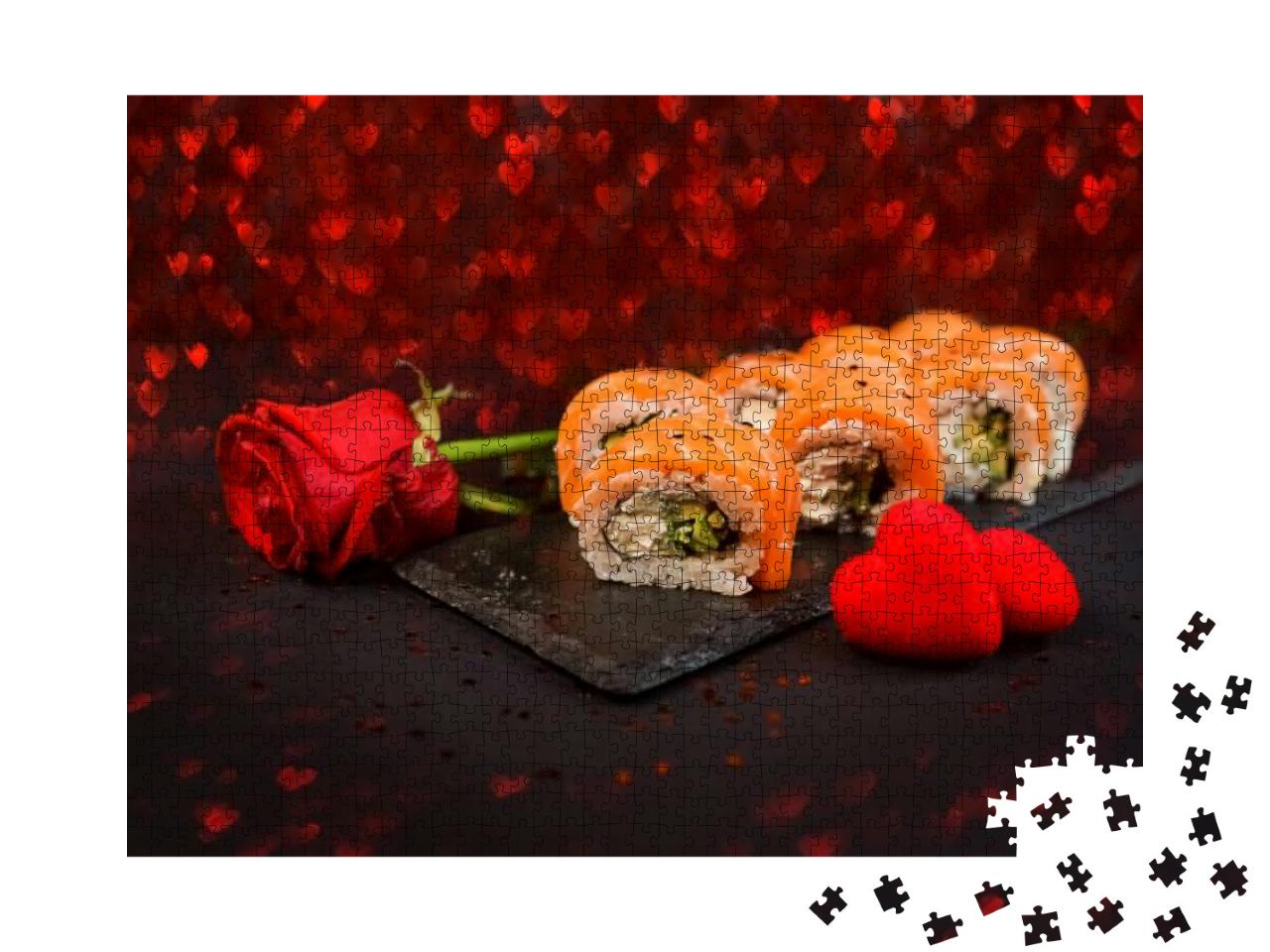 Sushi Rolls Laid Out a Black Plate on Black Background. R... Jigsaw Puzzle with 1000 pieces