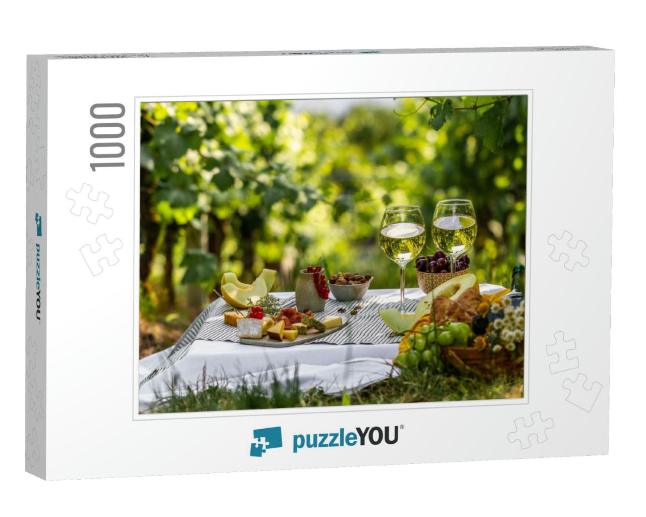 Picnic with Glasses of White Wine on a Vineyard. Two Glas... Jigsaw Puzzle with 1000 pieces