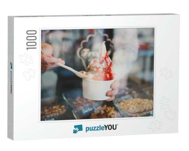 Seller Pours Sauce on a Soft Frozen Yoghurt in White Take... Jigsaw Puzzle with 1000 pieces
