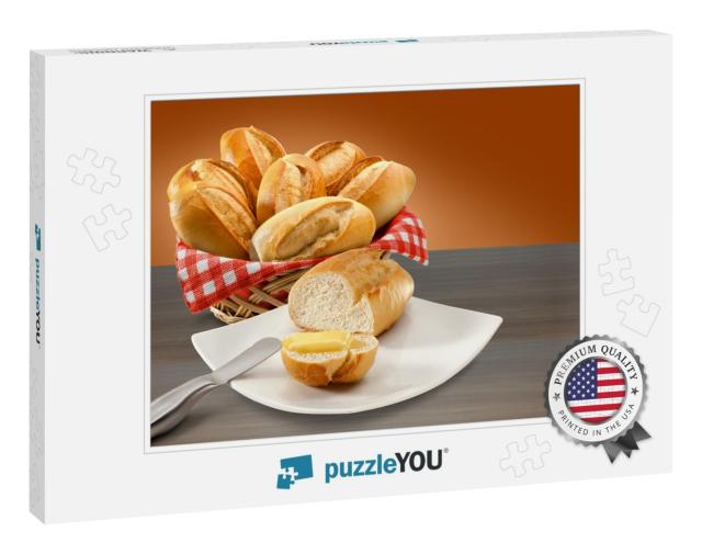 Basket of Bread & Bread with Butter on Table Background... Jigsaw Puzzle