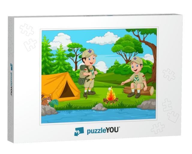 Cartoon Scout with Tent & Camp Fire... Jigsaw Puzzle