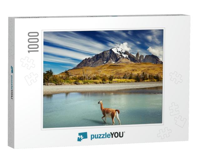 Guanaco Crossing the River in Torres Del Paine National P... Jigsaw Puzzle with 1000 pieces