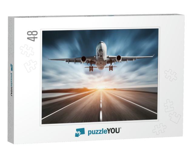 Airplane & Road with Motion Blur Effect At Sunset. Landsc... Jigsaw Puzzle with 48 pieces