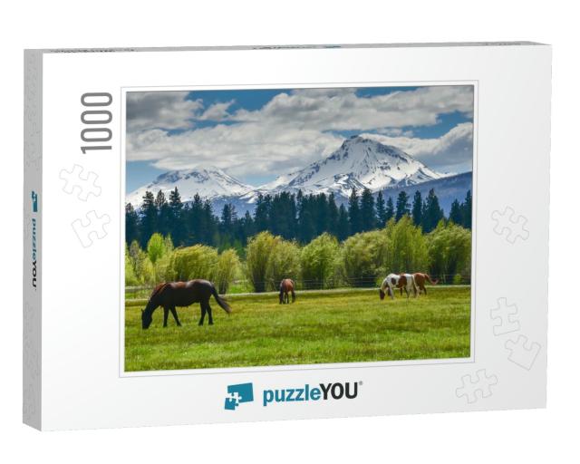 Horses in the Foreground with the Beautiful Mountains of... Jigsaw Puzzle with 1000 pieces