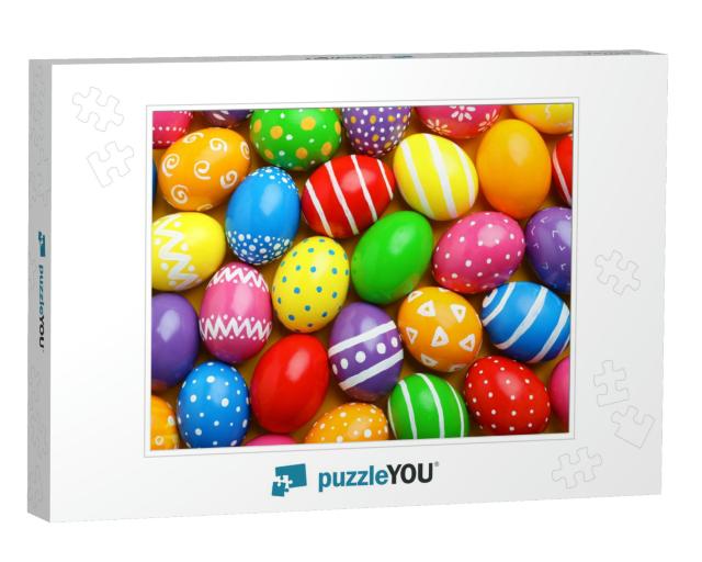 Many Decorated Easter Eggs as Background, Top View. Festi... Jigsaw Puzzle