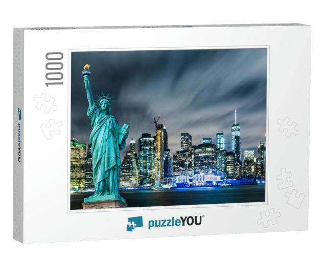 Manhattan Panoramic Skyline At Night. Statue of Liberty w... Jigsaw Puzzle with 1000 pieces