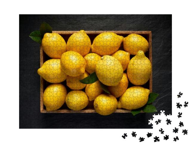 Fresh Lemons in a Wooden Container on a Black Stone Backg... Jigsaw Puzzle with 1000 pieces