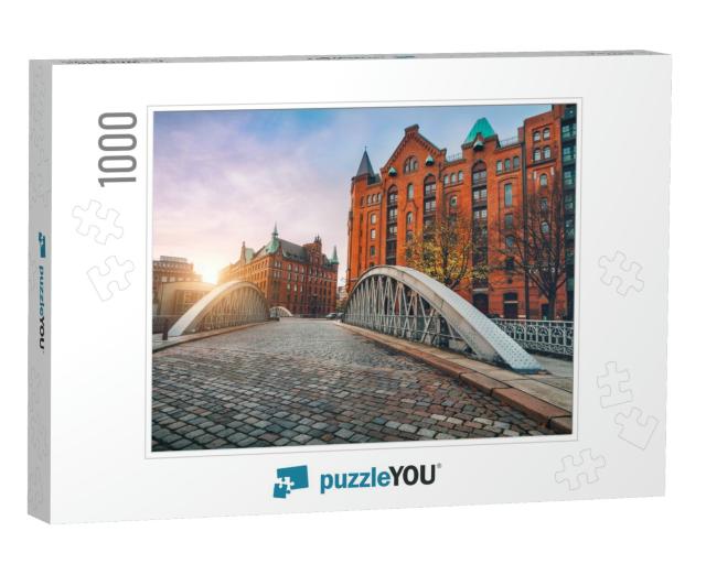 Arch Bridge Over Alster Canals with Cobbled Road in Histo... Jigsaw Puzzle with 1000 pieces