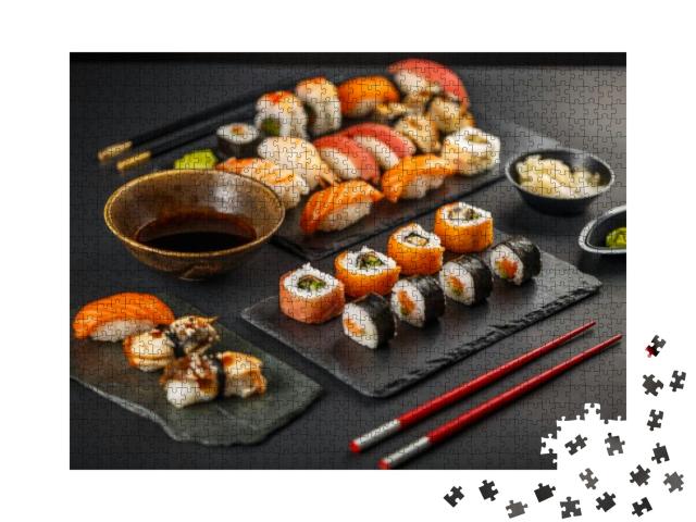 Fresh & Delicious Sushi Set on Black Slate... Jigsaw Puzzle with 1000 pieces