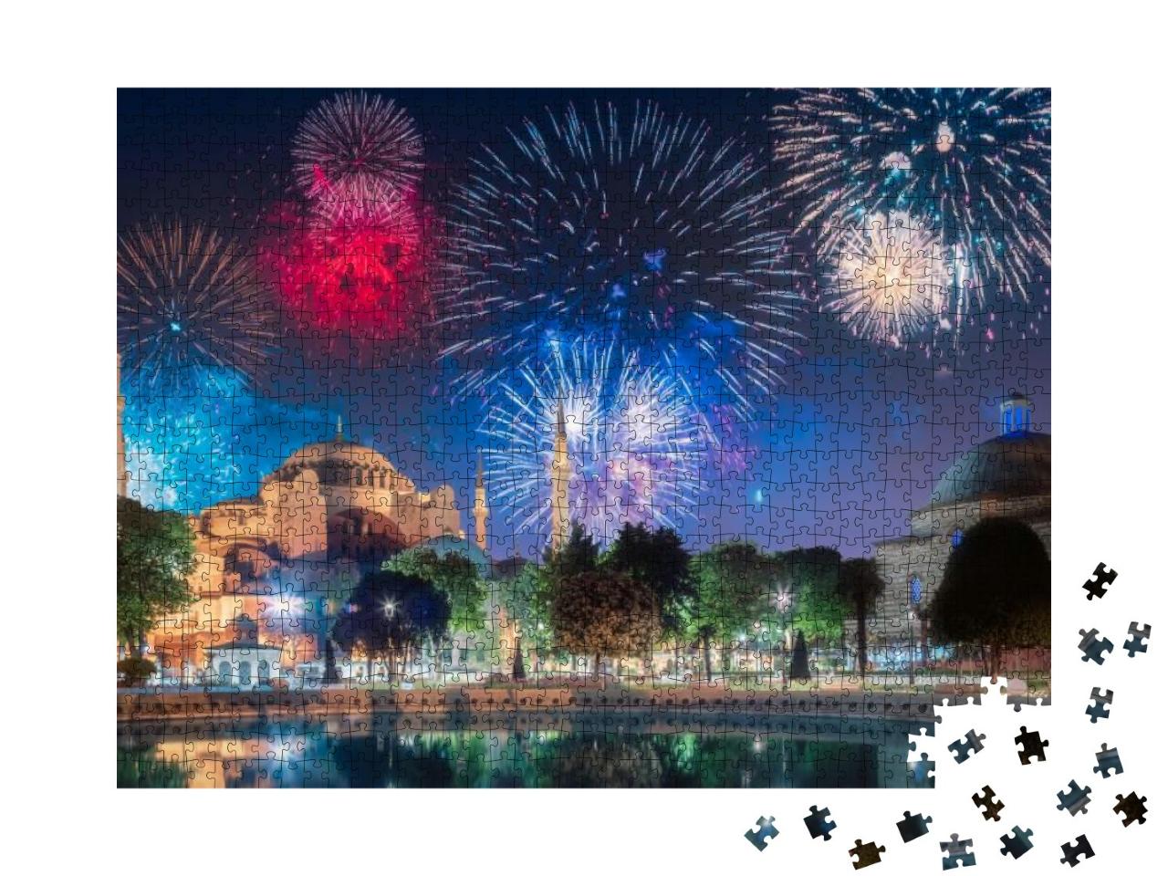 Beautiful Fireworks Above Hagia Sophia in Istanbul with R... Jigsaw Puzzle with 1000 pieces