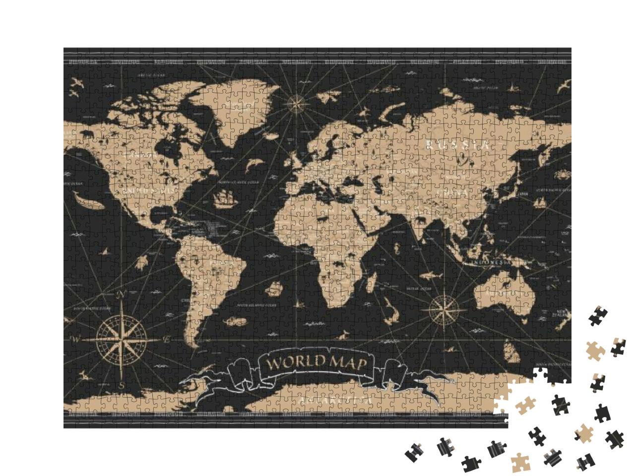 World Map Vintage Black Golden Detailed - Vector... Jigsaw Puzzle with 1000 pieces
