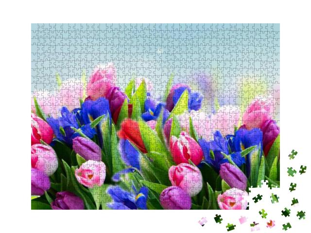 Pink Blooming Tulips & Iris Flowers Close Up... Jigsaw Puzzle with 1000 pieces