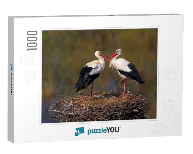 Pair of White Stork Birds on a Nest During the Spring Nes... Jigsaw Puzzle with 1000 pieces