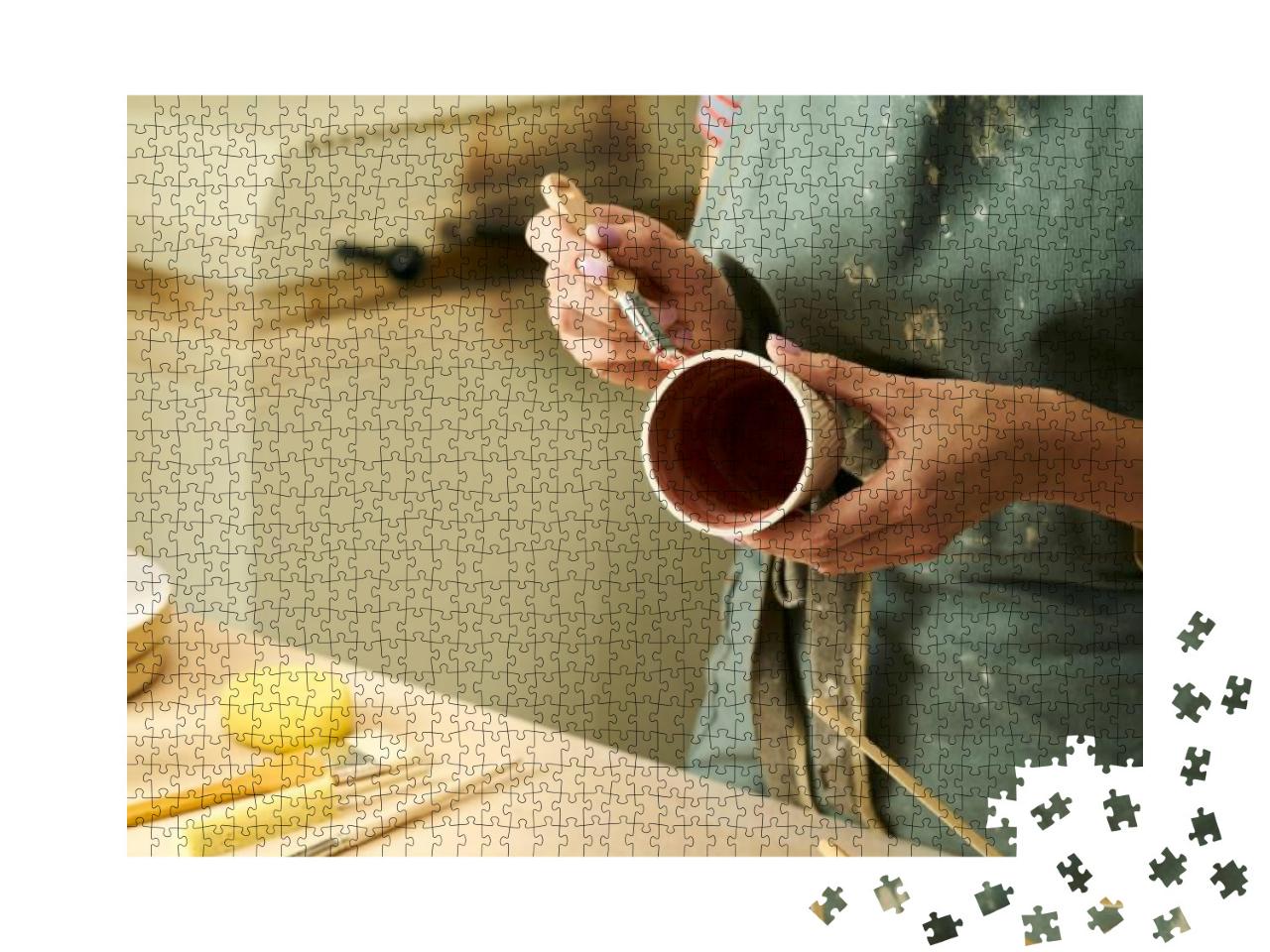 Close-Up of Girl Painting Clay Mug with Glaze... Jigsaw Puzzle with 1000 pieces