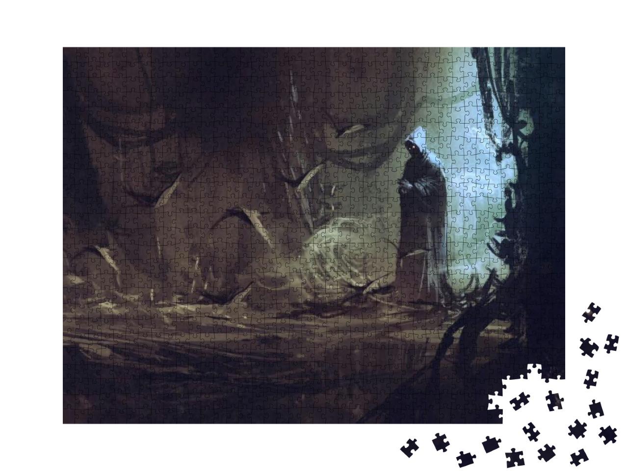 Dark Cloak in Mysterious Forest, Wizard, Sorcerer, Illust... Jigsaw Puzzle with 1000 pieces