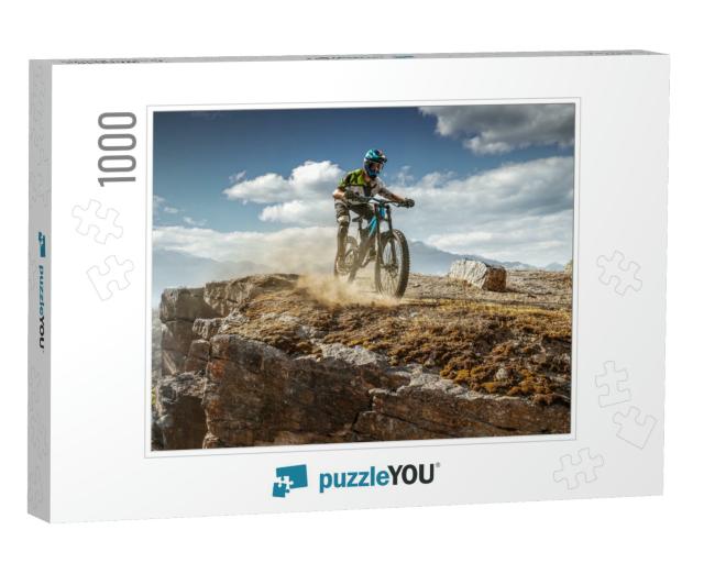 Mountain Biker on Trail. Male Cyclist Rides the Rock... Jigsaw Puzzle with 1000 pieces