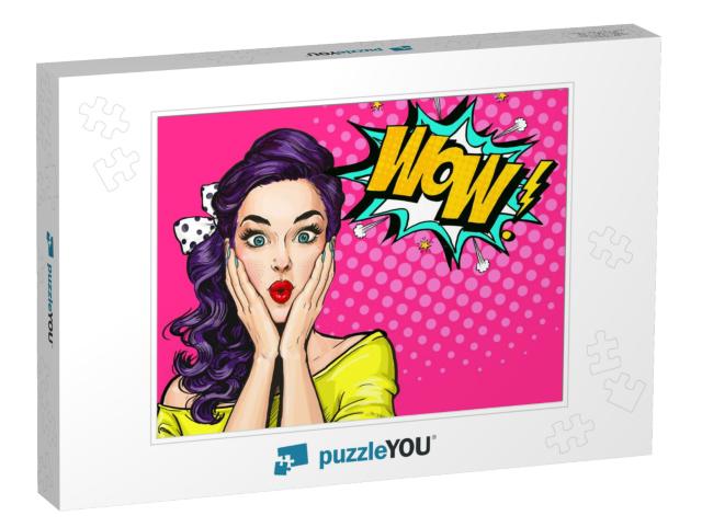 Pop Art Woman with Wow Face Holding Hands Near Her Cheeks... Jigsaw Puzzle