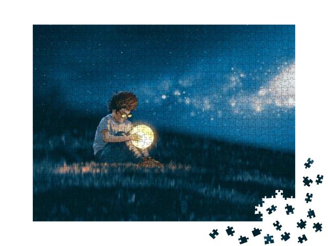 Night Scene Showing Young Boy with a Little Moon in His H... Jigsaw Puzzle with 1000 pieces