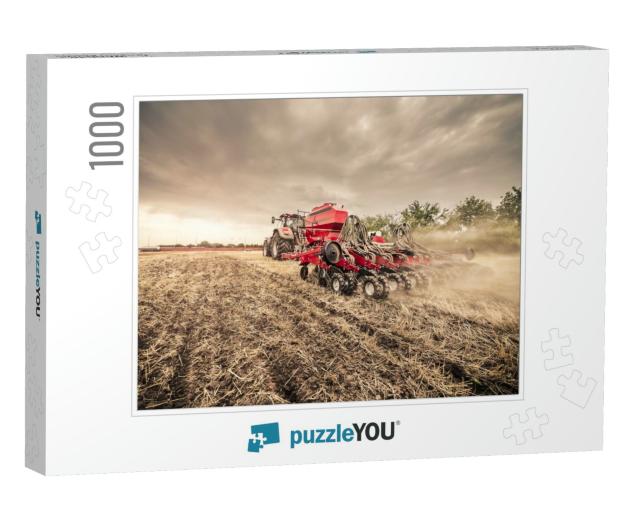 Modern Red Tractor with Red Implement Seeding Directly In... Jigsaw Puzzle with 1000 pieces