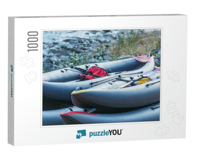 Inflatable Boats on the Mountain River Shore... Jigsaw Puzzle with 1000 pieces