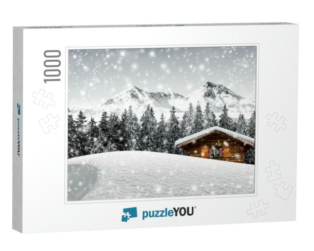 Cozy Snow Covered Ski Hut in the Mountains... Jigsaw Puzzle with 1000 pieces